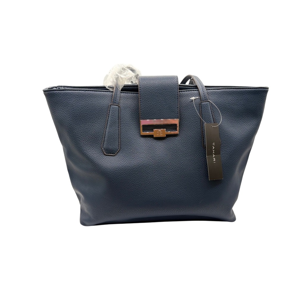 Tahari Tote Bag Womens Large Navy Blue New Pebbled Faux Leather Gold Hardware